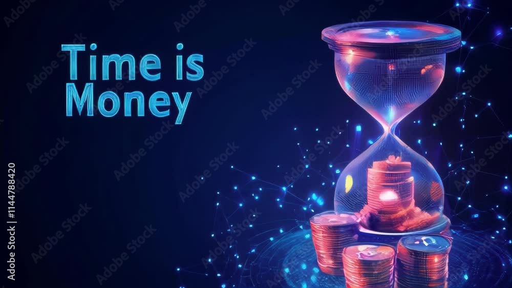 Poster animated hourglass with coins, symbolizing the value of time in finance and business. ideal for proj