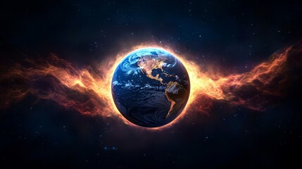 Obraz premium A vibrant depiction of Earth surrounded by fiery elements, set against a cosmic backdrop highlighting the beauty and mystery of our planet.