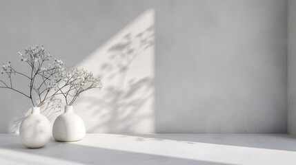 Minimalist white vases and branches casting shadows on a textured wall