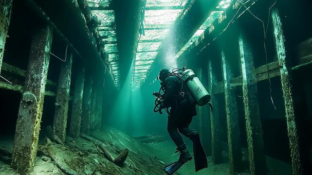 An industrial diver navigates through the eerie, submerged ruins of a historic building, encountering time-worn artifacts and remnants of the past in dim, water-filled corridors.