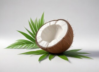A half coconut with leaves isolated on a white background,  fruit,  nature,  greenery