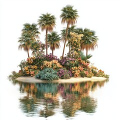 Fototapeta premium A picturesque oasis with a cluster of date palms and blooming flowers reflecting in the water on a white background 