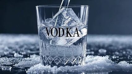 Cold pure vodka is carefully poured into a glass filled with ice cubes, creating a refreshing and inviting drink perfect for relaxing evenings.
