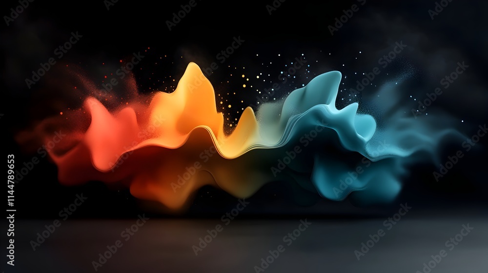 Poster vibrant spectral waveform visualization depicting the frequency content and dynamic energy of a musi
