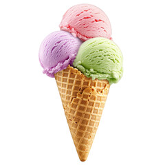 Strawberry blueberry and pistachio ice cream scoops in waffle cone isolated on white background summer sweet dessert frozen food refreshing treat cold food creamy snack colorful ice cream balls