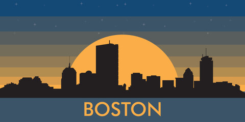 Fototapeta premium Black silhouette of the city of Boston against the background of the night starry sky and a large yellow moon
