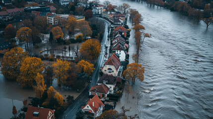 Aerial view of flooding in big city. Overflowed river submerged roads and affected urban infrastructure under rising waters. Extreme weather damage natural disaster after heavy shower rains6