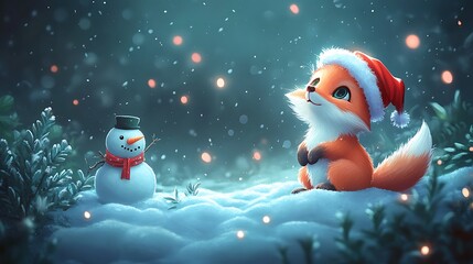 A playful fox cub wearing a Santa hat beside a snowman