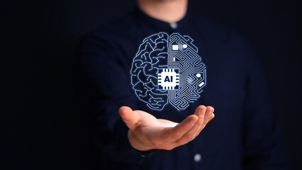 Man using tools AI. technology smart robot science and artificial intelligence technology, and innovation futuristic and global connection for providing access to information and data online network.