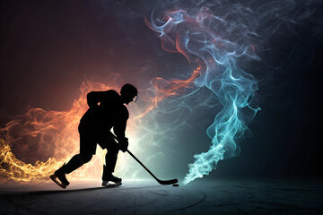 Naklejka premium Silhouette Körper Eishockey Spieler auf dem Eis in der Halle mit Gegenlicht - Flammen und Plasma Linien - Energie und Kraft - Abstrakte Sport Darstellung