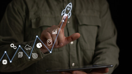 Businessman touch rocket launch investment growth, planning and starting corporate business start up aiming objective value development leadership and customer target group.