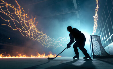 Naklejka premium Silhouette Körper Eishockey Spieler auf dem Eis in der Halle mit Gegenlicht - Flammen und Plasma Linien - Energie und Kraft - Abstrakte Sport Darstellung