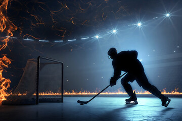 Naklejka premium Silhouette Körper Eishockey Spieler auf dem Eis in der Halle mit Gegenlicht - Flammen und Plasma Linien - Energie und Kraft - Abstrakte Sport Darstellung