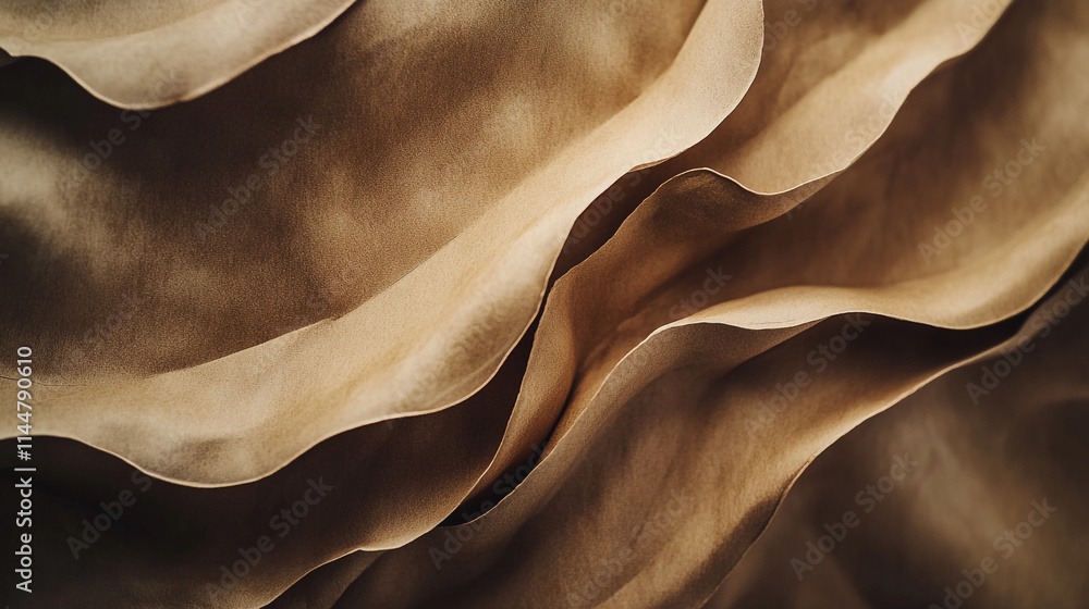 Poster curving layers of textured fabric create an elegant design in warm tones in a close-up view