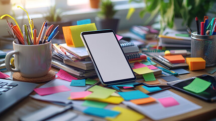 Naklejka premium Colorful workspace clutter with sticky notes and a tablet on a desk full of supplies and plants in bright natural light