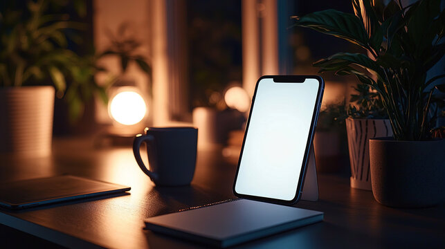 Cozy indoor workspace featuring a smartphone and a warm ambiance, perfect for late-night productivity