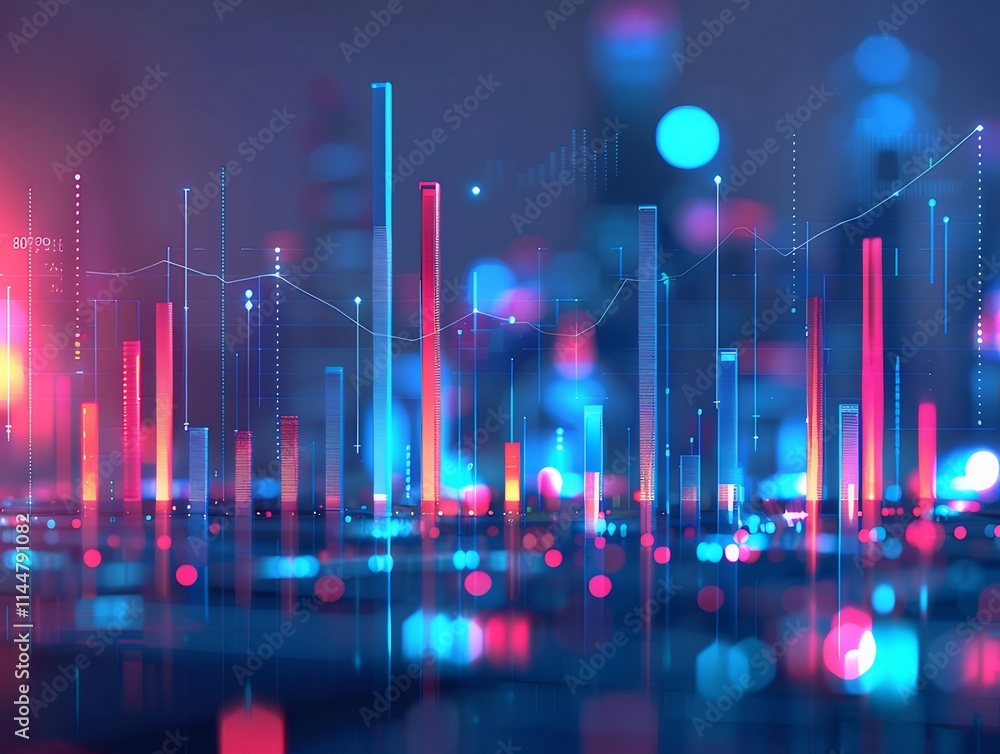 Poster abstract city skyline with glowing data bars and graphs.