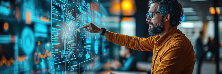 Professional analyzes data on a large digital display in a modern office environment during the day