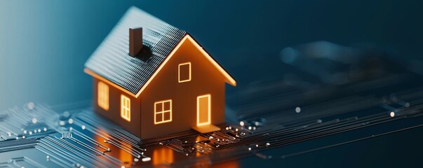 A miniature house model illuminated, resting on a circuit board, symbolizing the fusion of technology and home ownership.