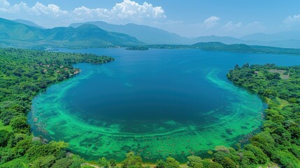 Fototapeta premium Aerial view of a serene lake surrounded by lush greenery and mountains under a clear sky.