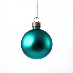 Turquoise Christmas ornament hangs on a thread, against an isolated white background