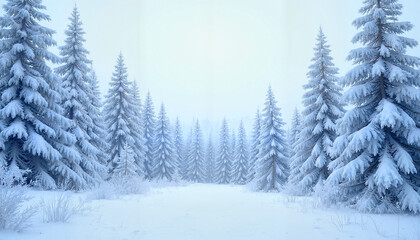 Obraz premium Majestic Snow-Covered Evergreen Forest in Ethereal Winter Light with Misty Atmosphere