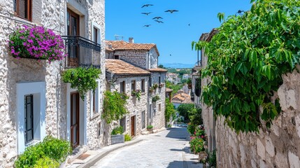 Fototapeta premium Charming stone street in a sunny, idyllic village with flowers and birds.
