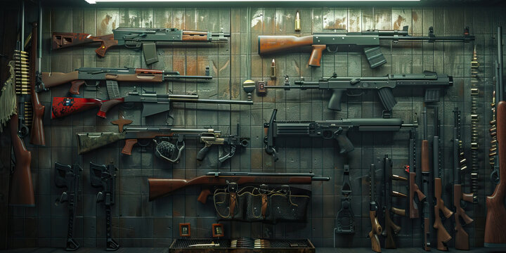Assorted Firearms Displayed on Wall