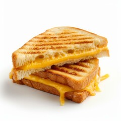 Grilled cheese sandwich cut in half with melted cheese oozing out is sitting on a white background