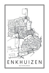 Printable downtown road map poster of the Dutch city of ENKHUIZEN on solid white background with city name