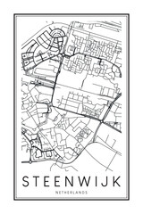 Printable downtown road map poster of the Dutch city of STEENWIJK on solid white background with city name