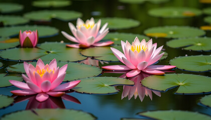 Beautiful pink water lilies blooming on a tranquil pond with green lily pads