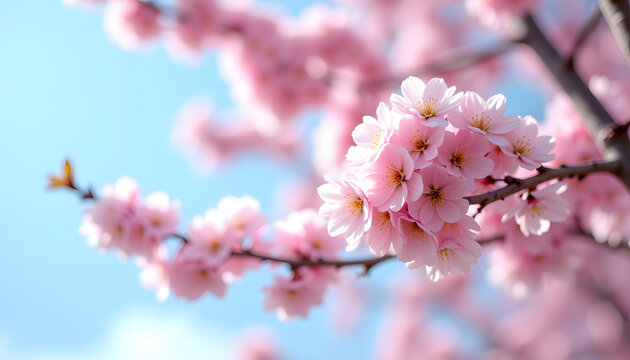 Blooming cherry blossom branch with pink flowers under a bright blue sky