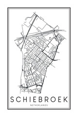 Printable downtown road map poster of the Dutch city of SCHIEBROEK on solid white background with city name