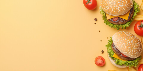 Two enticing burgers with cheese, tomatoes, and lettuce sit next to crispy fries on a vibrant yellow background, showcasing fast food in a delightful visual style.