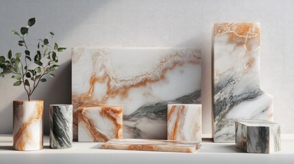 Marble texture captured in artificial resin products creates a stunning visual effect. The marble texture on these products enhances their aesthetic appeal while offering ample copy space.