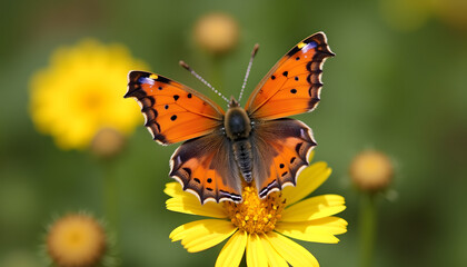 Obraz premium Colorful butterfly perched on a yellow flower, showcasing its vibrant wings in a sunny garden