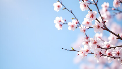 Obraz premium Elegant cherry blossom branch with delicate pink flowers against a clear blue sky