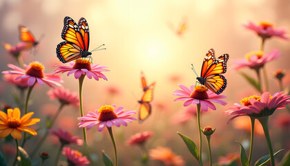 Beautiful butterflies dancing among pink flowers in a sunlit garden at golden hour