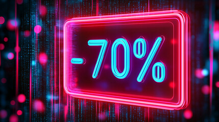 Neon Sale Banner in Pink Blau, 70% Rabatt Sale Banner für Angebote zu Weihnachten, Neujahr, Cyber Monday, Black Friday oder sonstiger Anlass, Shopping Offerte und Ausverkauf im Party Retro Style