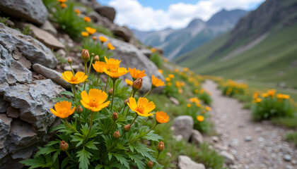 Obraz premium Vibrant yellow wildflowers blooming among rocks in a picturesque mountain landscape