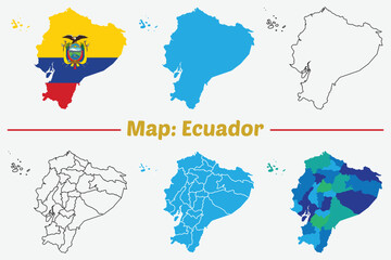 Ecuador Map Set. Ecuador High detailed Blue map, stroke map, flag color map.