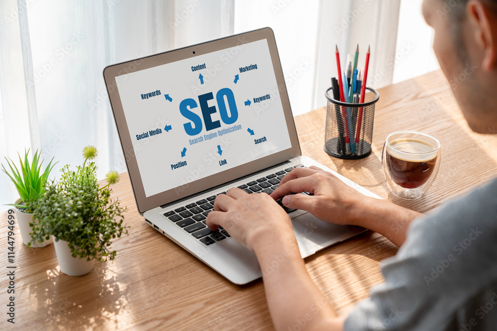 Poster seo search engine optimization for modish e-commerce and online retail business showing on computer 