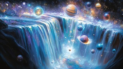 Celestial waterfall cascading into a cosmic ocean, planets and nebulae swirling within its luminous flow.