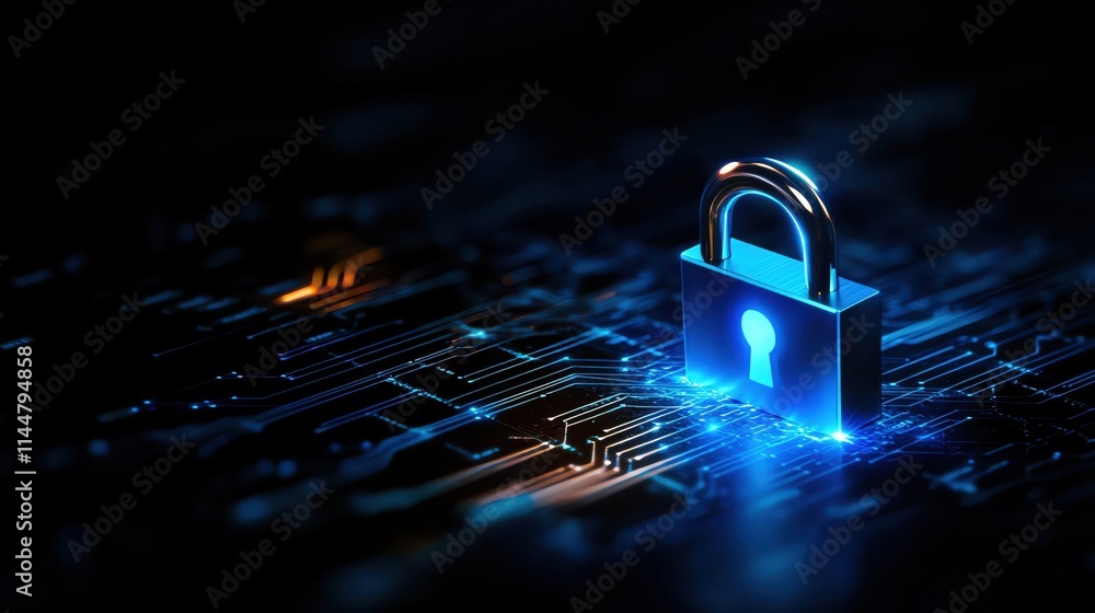 Aufkleber a digital lock symbolizing cybersecurity and data protection on a circuit background.