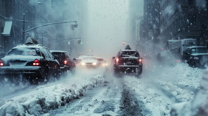 Snow covered city street during a heavy snowfall. Lots of snow on the sidewalk, cars and big snowdrifts. the city road in snow storm blizzard, bad cold weather and hard drawing conditions2