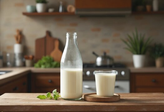 Glass bottle of milk in rustic kitchen