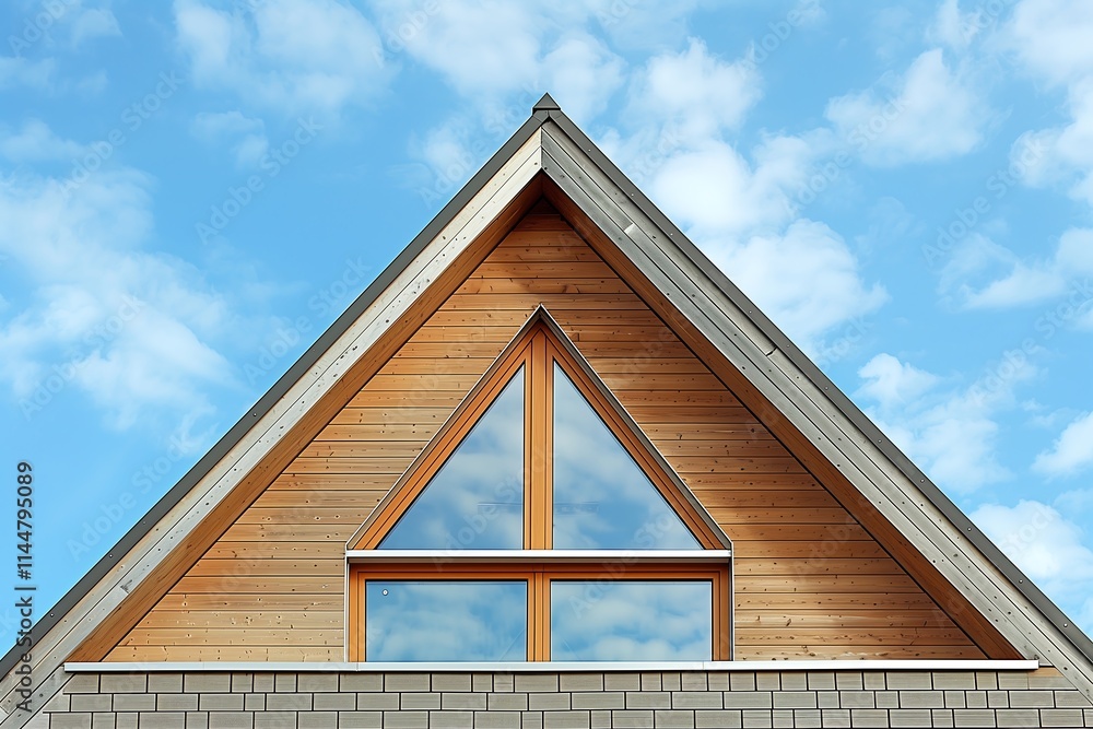 Poster a triangular window with wooden frames on top of a house
