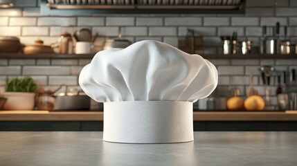 White chef hat on kitchen counter.