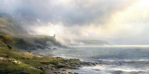Obraz premium Coastal Landscape with Stone Tower and Hazy Sky